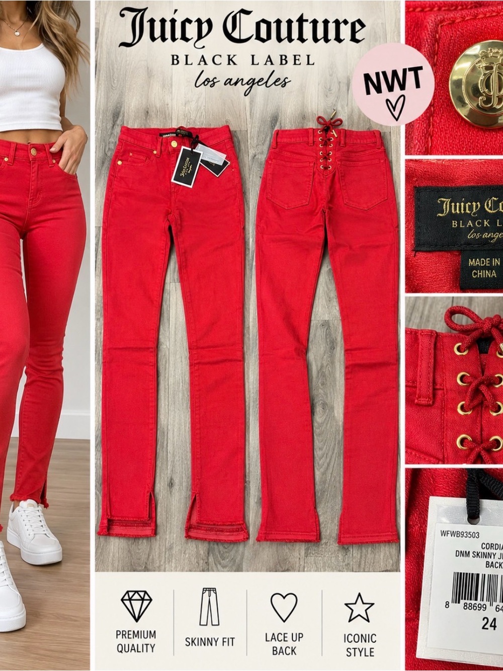 Juicy Couture Black Label Red Lace-Up Skinny Jeans Size 24 NWT